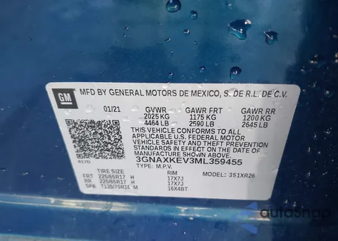 2021 Chevrolet Equinox Fwd Lt из США, поврежденный, VIN 3GNAXKEV3ML359455